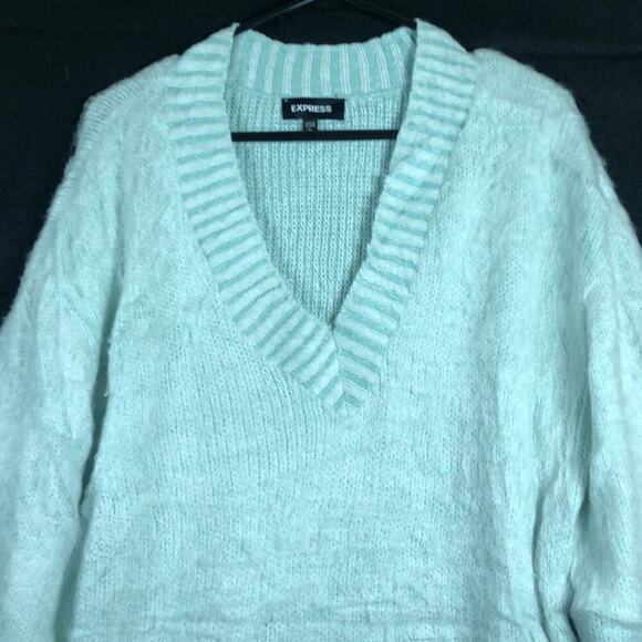 Express Womens Sweater Light Blue V Neck Super Soft Over Sized Puffed Sleeves L - Picture 2 of 12